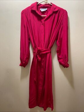 Vintage Red Silk Midi Dress with Belt-6 Elegant Luxury Saks 5th Avenue 100% Silk
